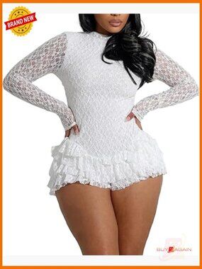 Women's Lace Jumpsuit Long Sleeve Backless Romper Ruffle Bodycon One Piece